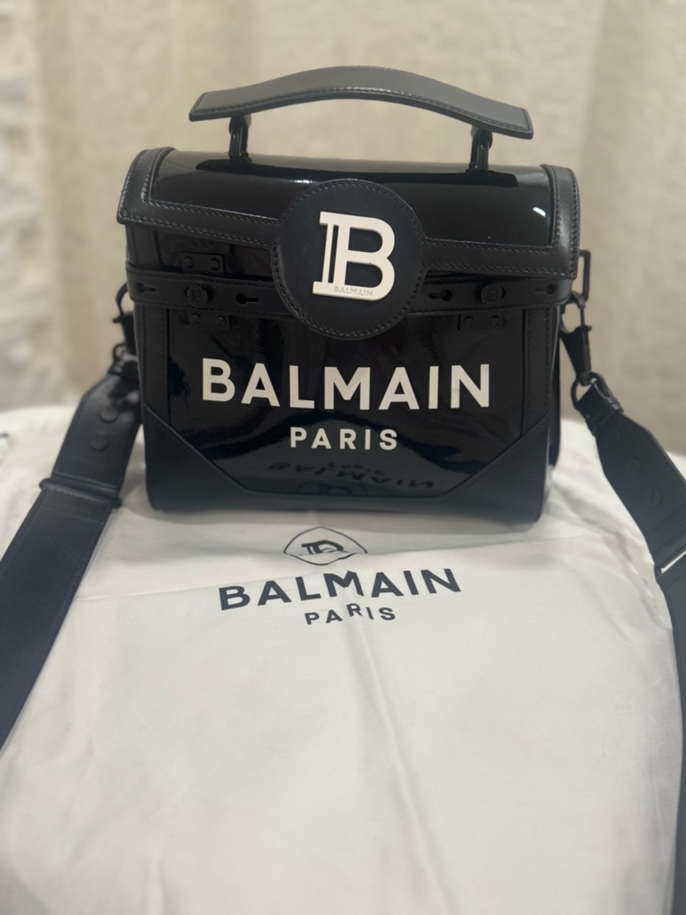 Balmain Black Patent Leather Top-Handle Box Bag with White Logo